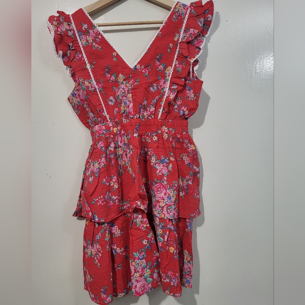 Betsey Johnson Red Floral Cotton Bush Gardens Seersucker Tiered Mini Dress Small - Picture 4 of 5